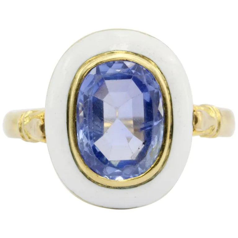 GIA Natural No Heat 2.1 Carat Natural Blue Burma Sapphire Victorian Gold Enamel Ring c.1890