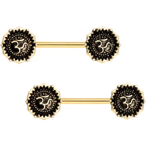 Gold Tone Anodized Spiritual Ohm Symbol Barbell Nipple Ring Set