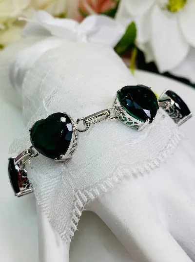 Green Emerald Bracelet, Heart Gems, Victorian Reproduction Jewelry #B38