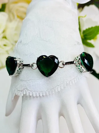 Green Emerald Bracelet, Heart Gems, Victorian Reproduction Jewelry #B38