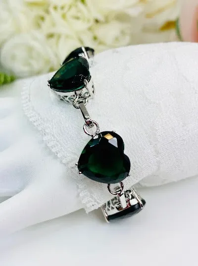 Green Emerald Bracelet, Heart Gems, Victorian Reproduction Jewelry #B38