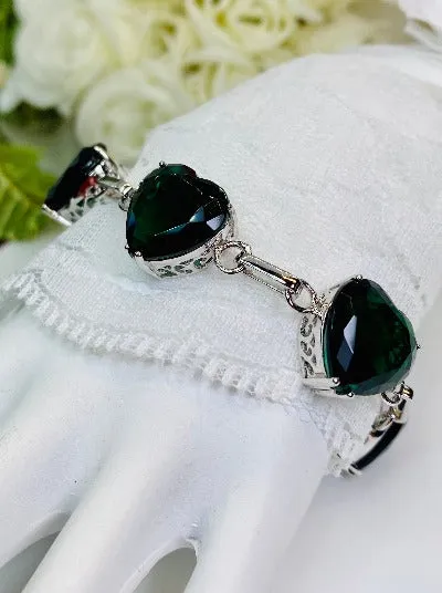Green Emerald Bracelet, Heart Gems, Victorian Reproduction Jewelry #B38