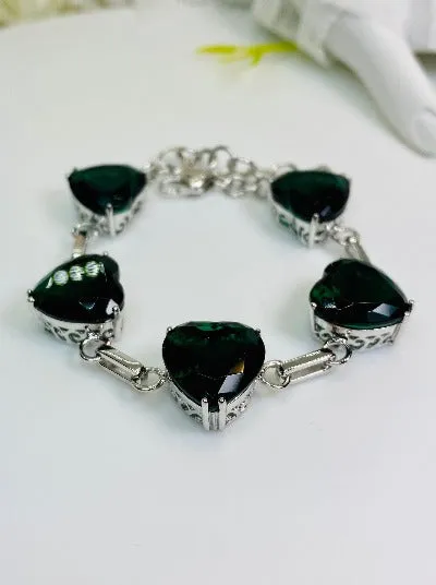 Green Emerald Bracelet, Heart Gems, Victorian Reproduction Jewelry #B38