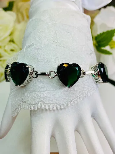 Green Emerald Bracelet, Heart Gems, Victorian Reproduction Jewelry #B38