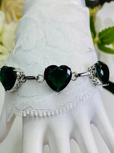 Green Emerald Bracelet, Heart Gems, Victorian Reproduction Jewelry #B38