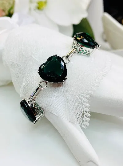 Green Emerald Bracelet, Heart Gems, Victorian Reproduction Jewelry #B38