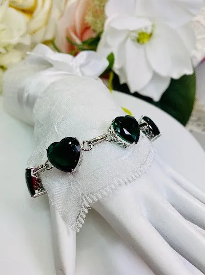 Green Emerald Bracelet, Heart Gems, Victorian Reproduction Jewelry #B38