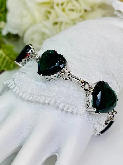 Green Emerald Bracelet, Heart Gems, Victorian Reproduction Jewelry #B38