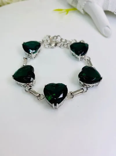 Green Emerald Bracelet, Heart Gems, Victorian Reproduction Jewelry #B38
