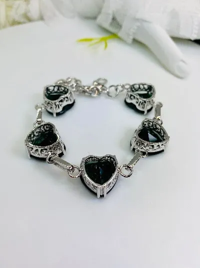 Green Emerald Bracelet, Heart Gems, Victorian Reproduction Jewelry #B38