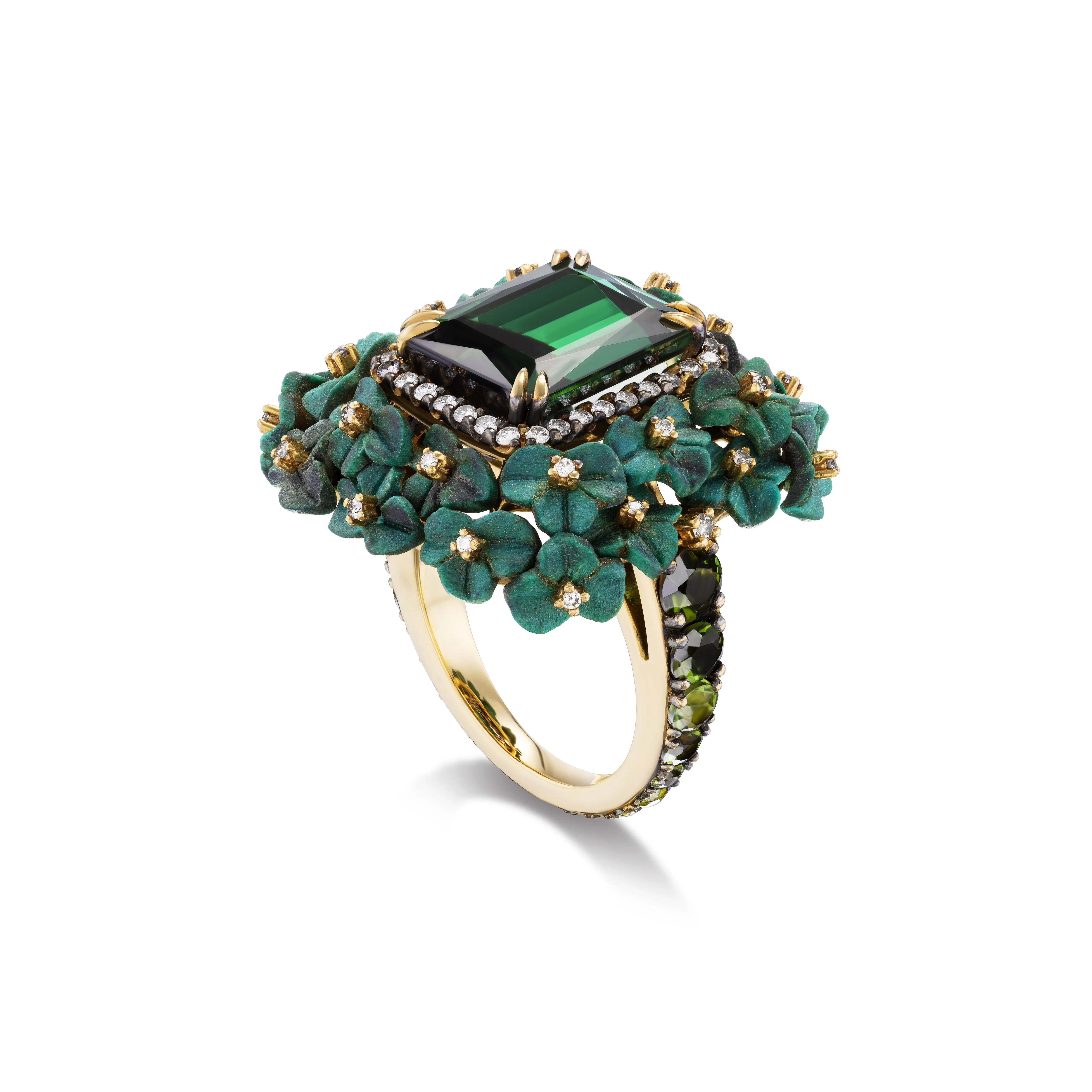 Green Tourmaline & Carved Wood Flower Ring