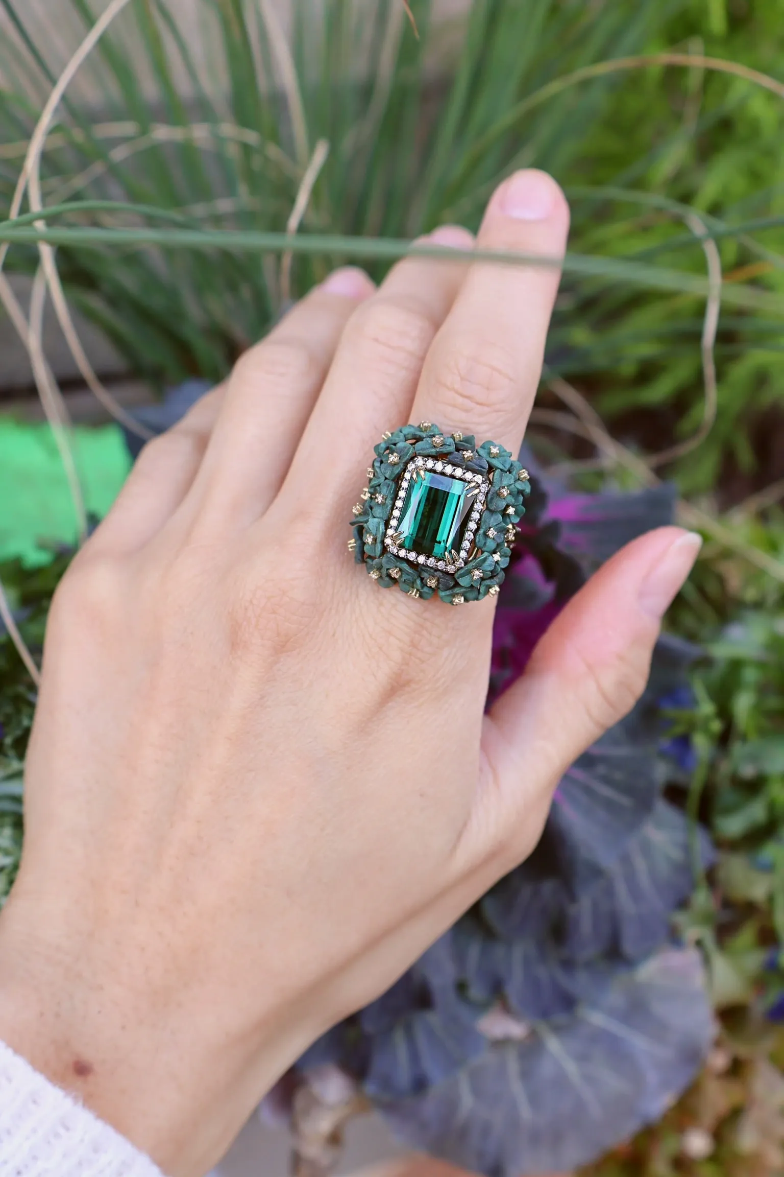 Green Tourmaline & Carved Wood Flower Ring