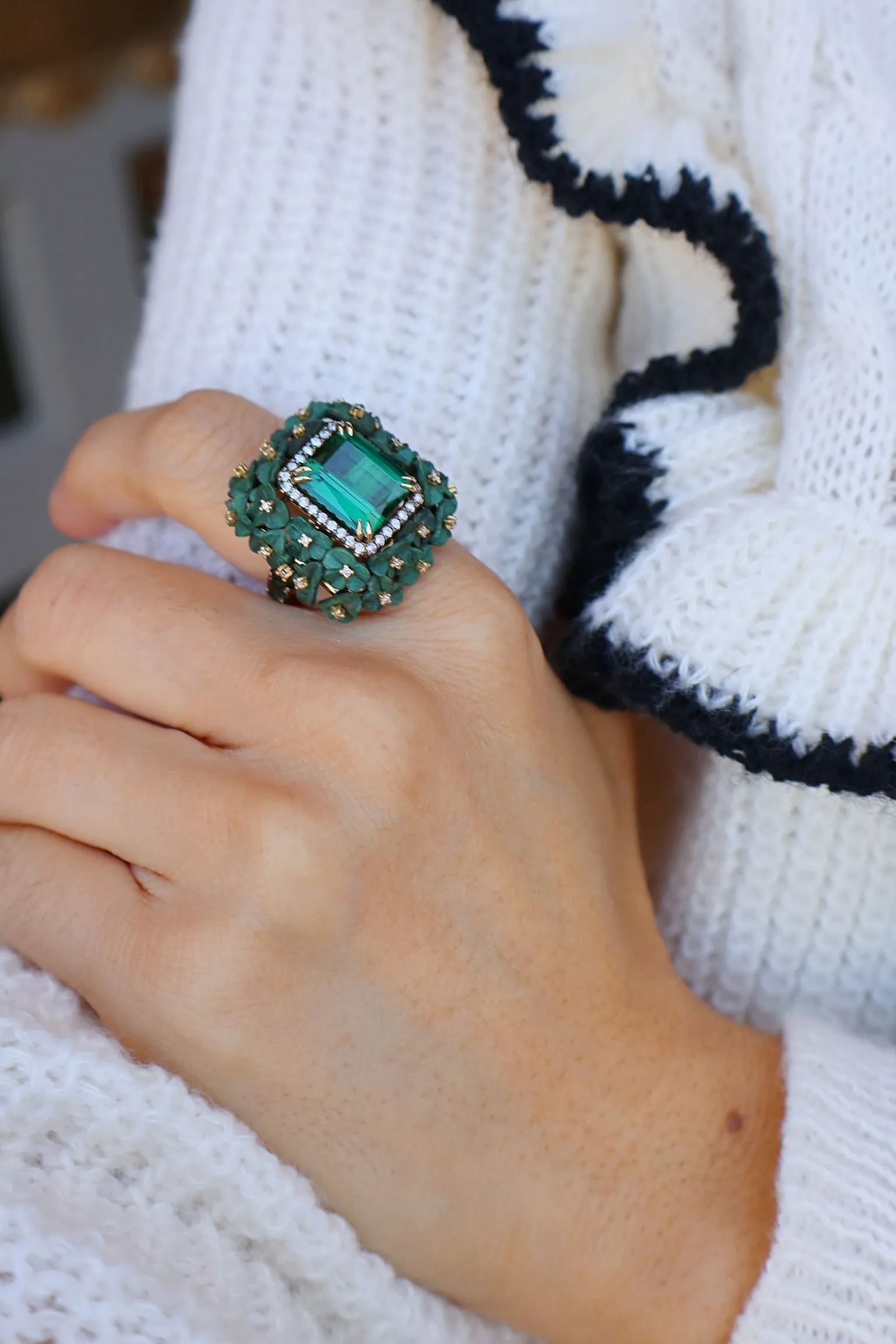 Green Tourmaline & Carved Wood Flower Ring