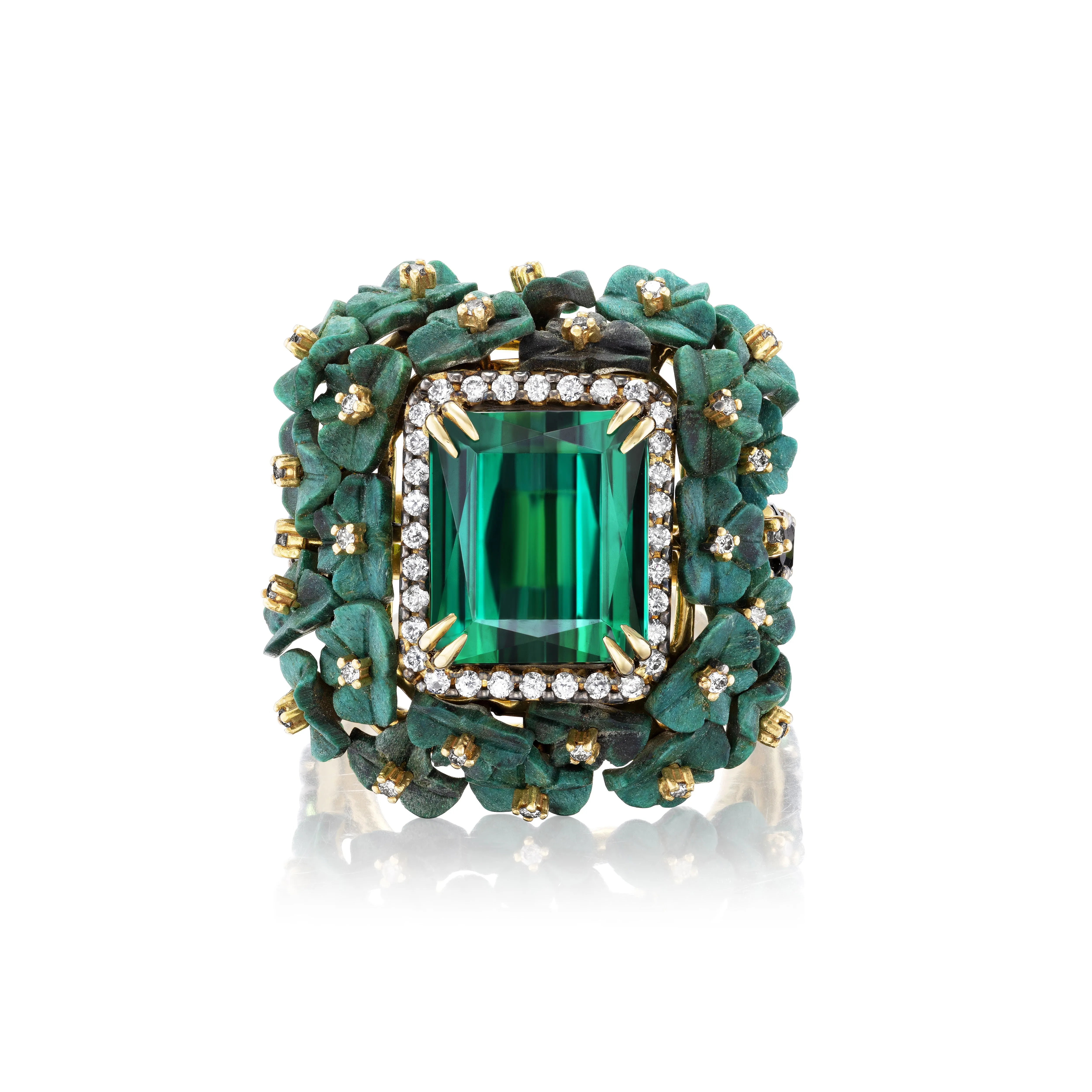 Green Tourmaline & Carved Wood Flower Ring