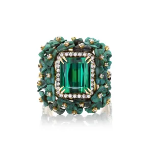 Green Tourmaline & Carved Wood Flower Ring