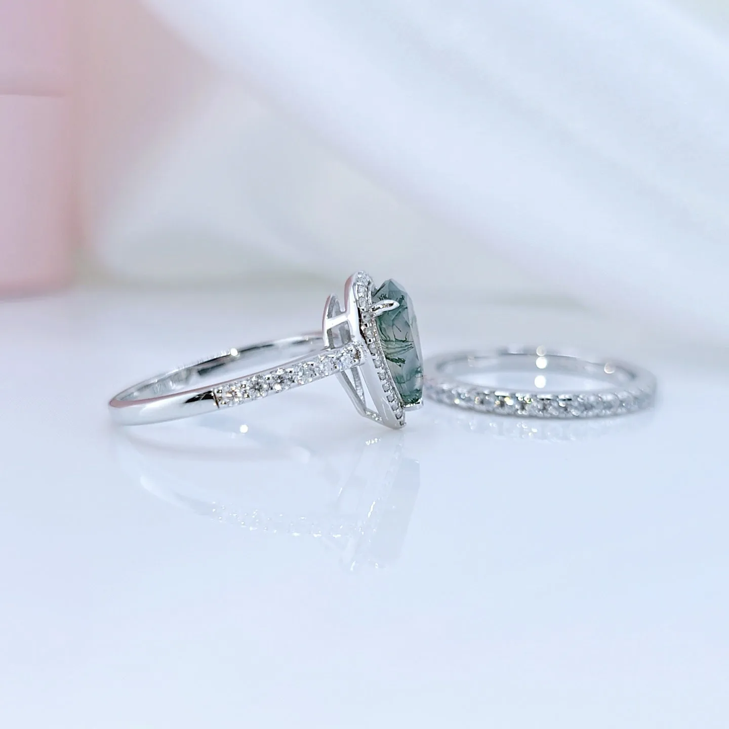 Halo Pear Cut Natural Moss Agate Wedding Ring Set