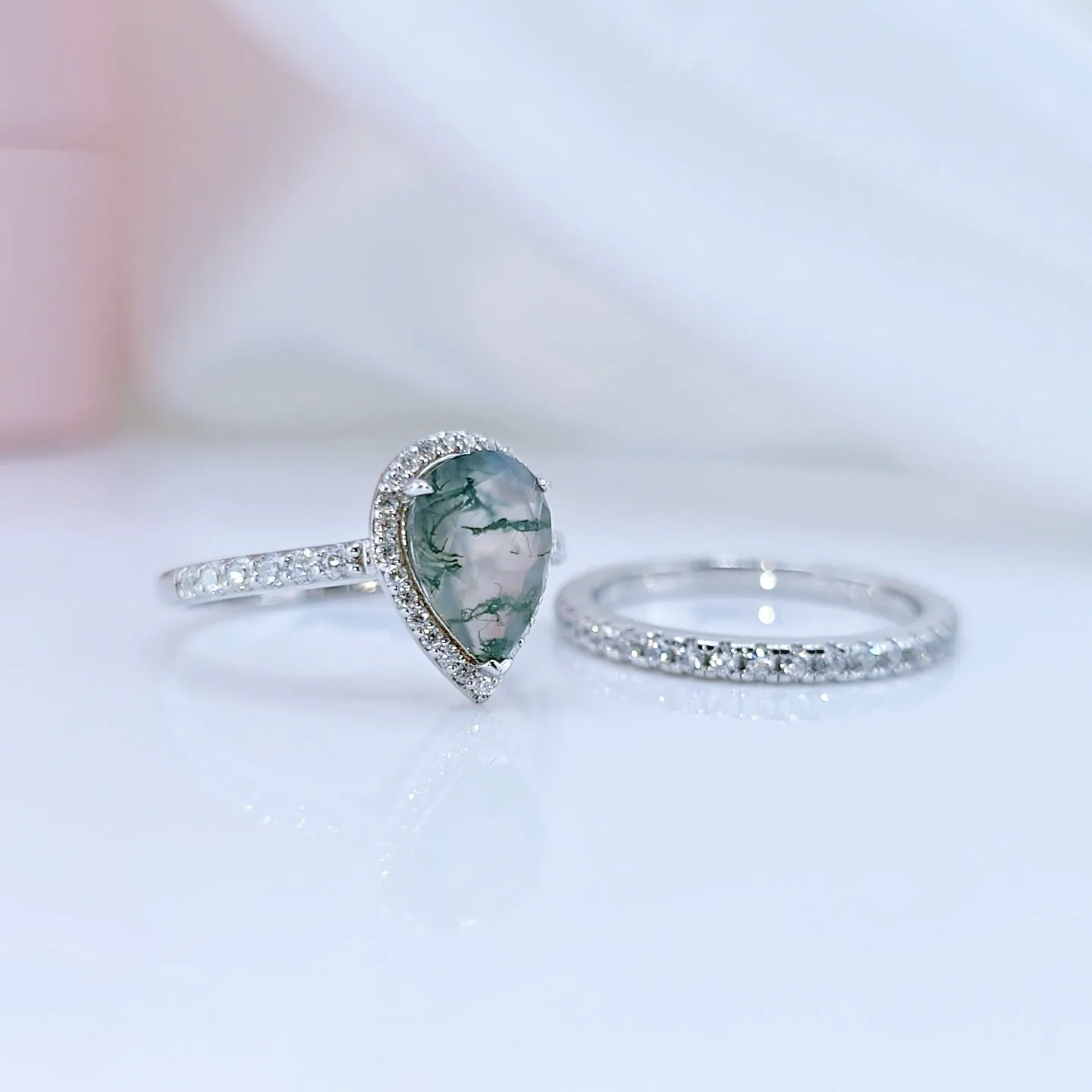 Halo Pear Cut Natural Moss Agate Wedding Ring Set