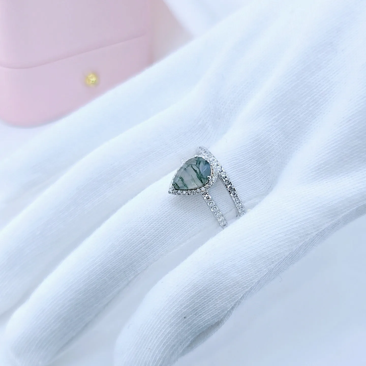 Halo Pear Cut Natural Moss Agate Wedding Ring Set