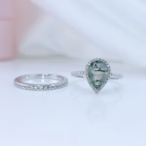 Halo Pear Cut Natural Moss Agate Wedding Ring Set