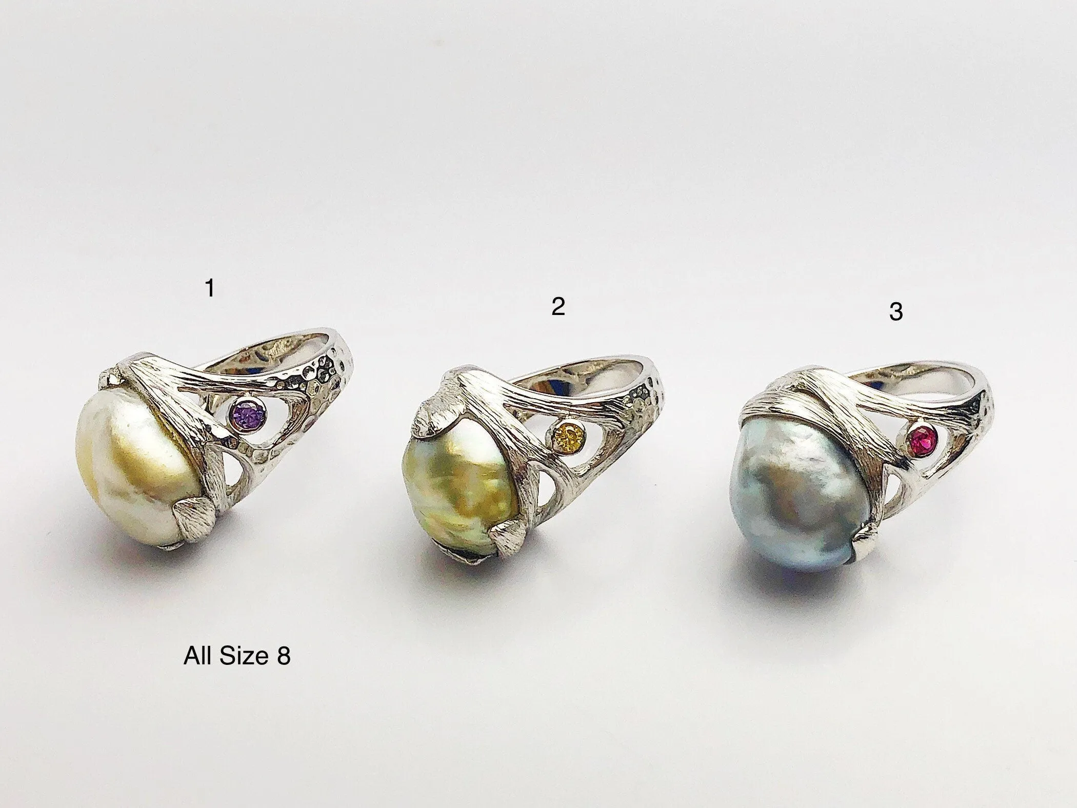 Handcarved Sterling Silver South Sea Pearl Rings - Natural Color - Southsea Pearls - Statement Ring (431 No. 1-3)