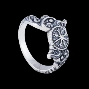 Handcrafted Helm of Awe Symbol and Wolf Ornament Sterling Silver Ring