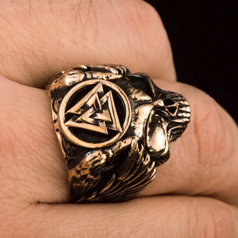 Handcrafted Odin with Valknut Symbol Bronze Ring