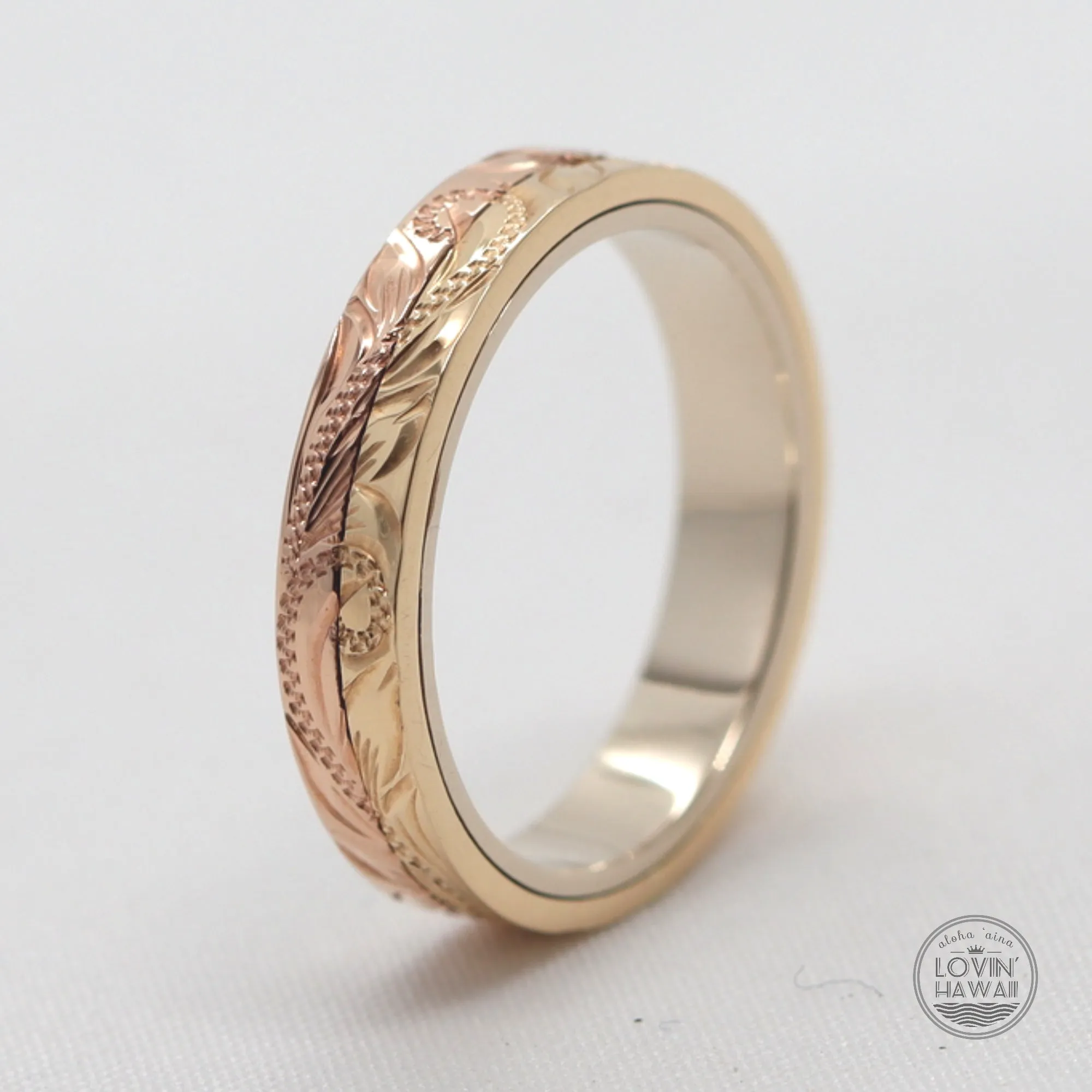 Hawaii Rose Gold Stack Ring, Hand Engraved Design (4mm Width)