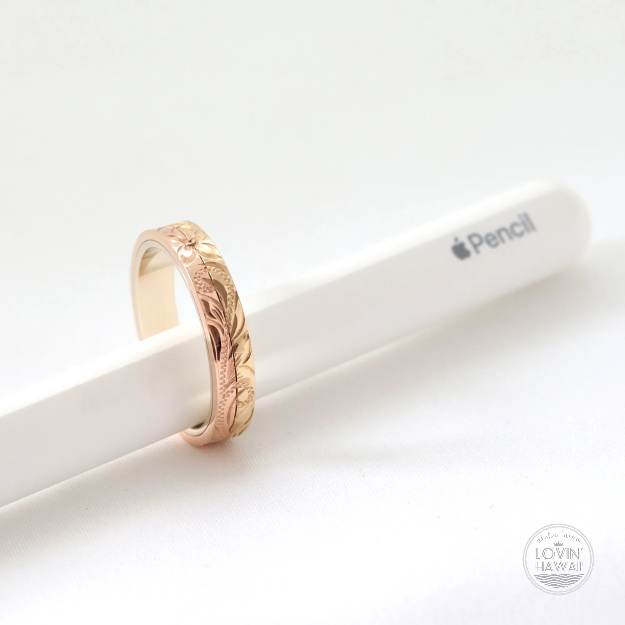 Hawaii Rose Gold Stack Ring, Hand Engraved Design (4mm Width)