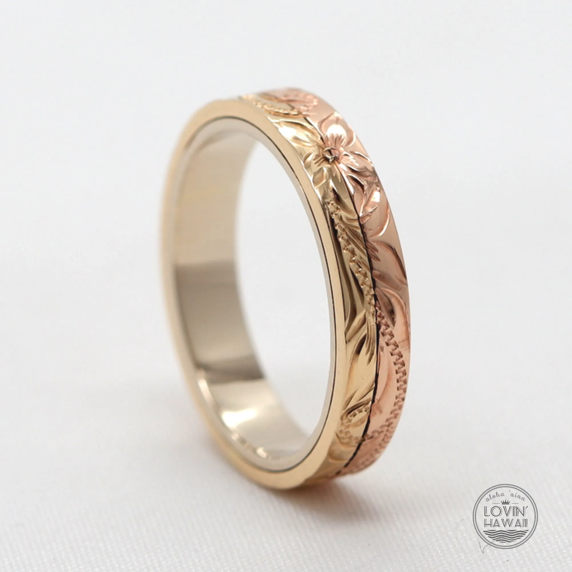 Hawaii Rose Gold Stack Ring, Hand Engraved Design (4mm Width)