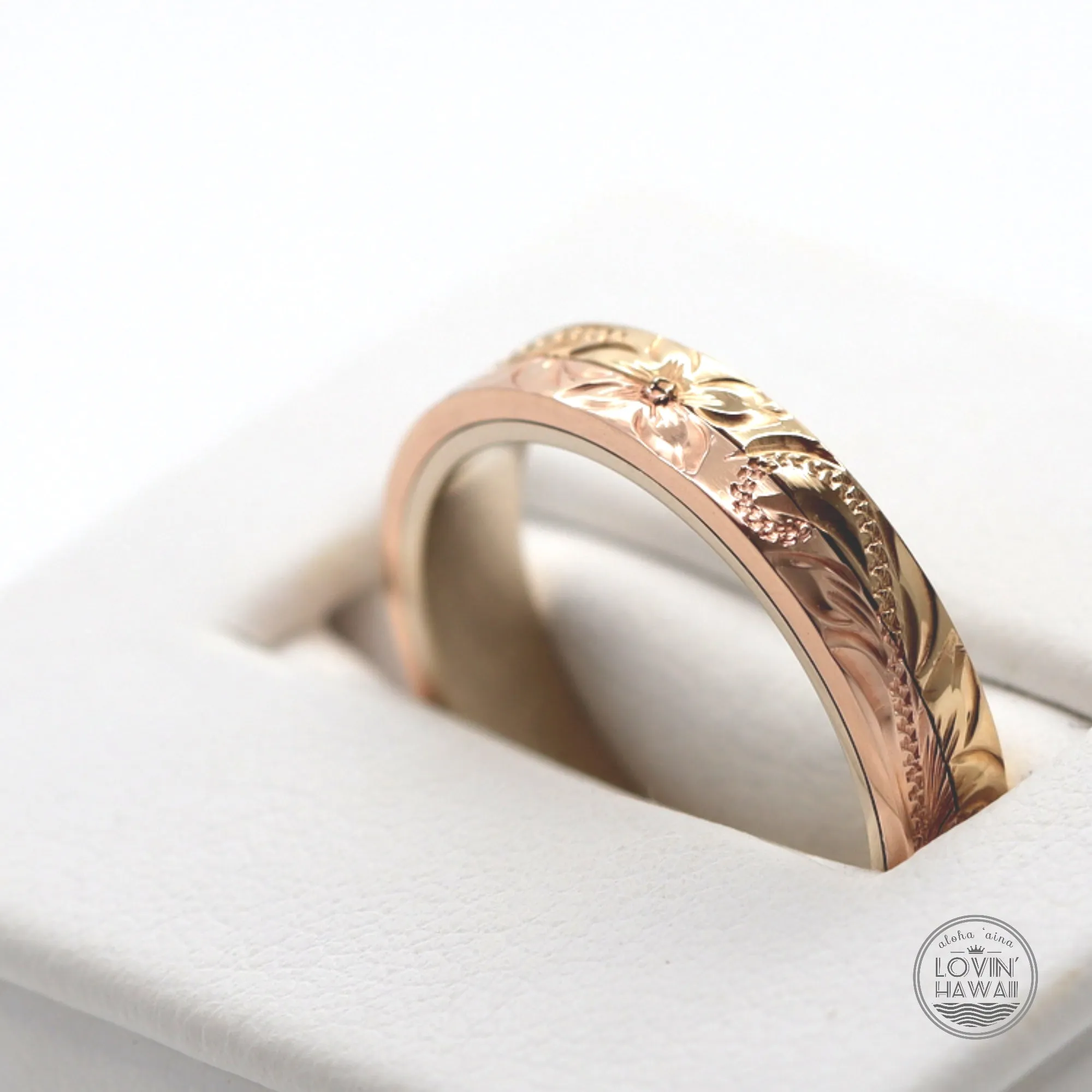 Hawaii Rose Gold Stack Ring, Hand Engraved Design (4mm Width)