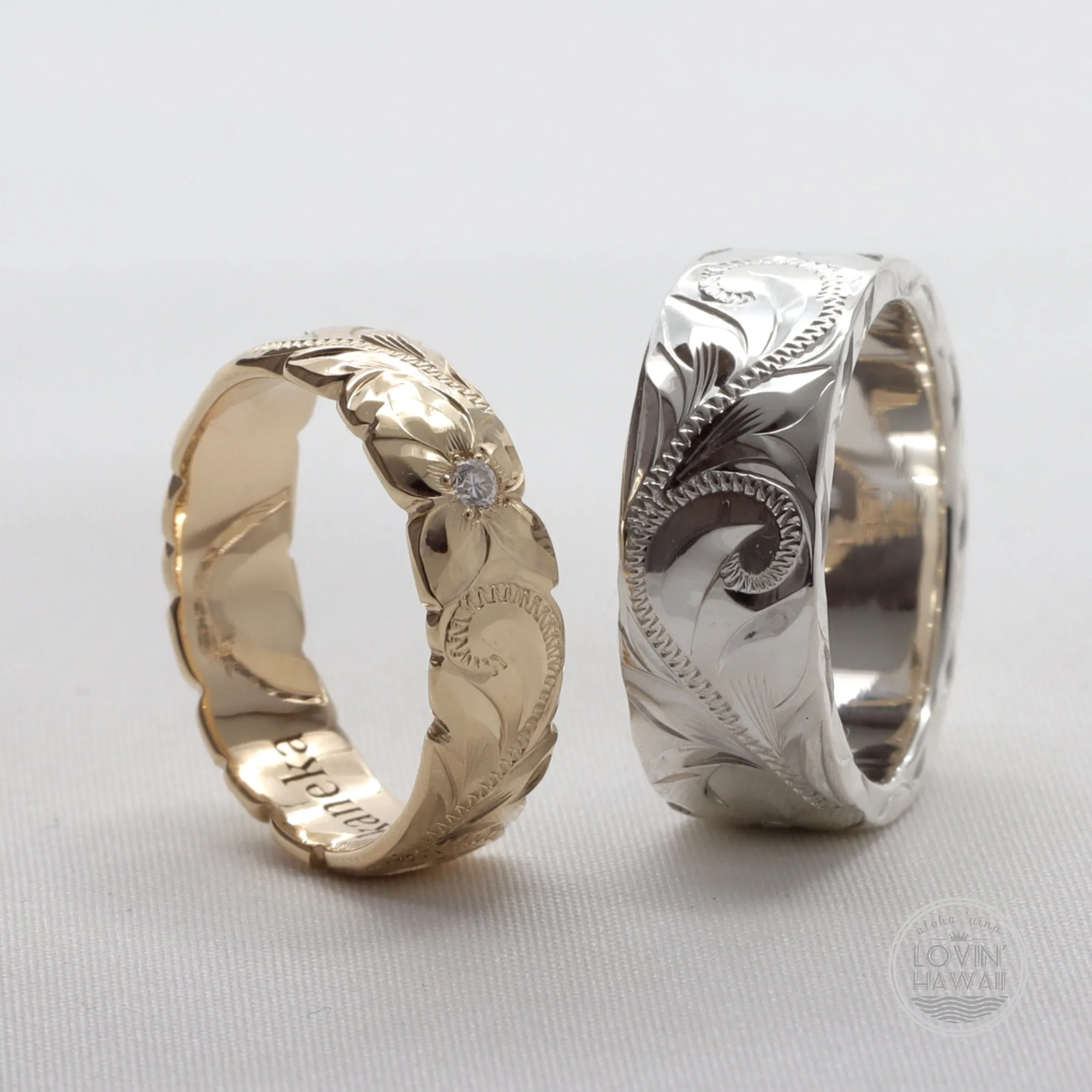 Hawaiian Gold and Silver Ring Set, Hand Engraved Design ( 6mm & 8mm Width)