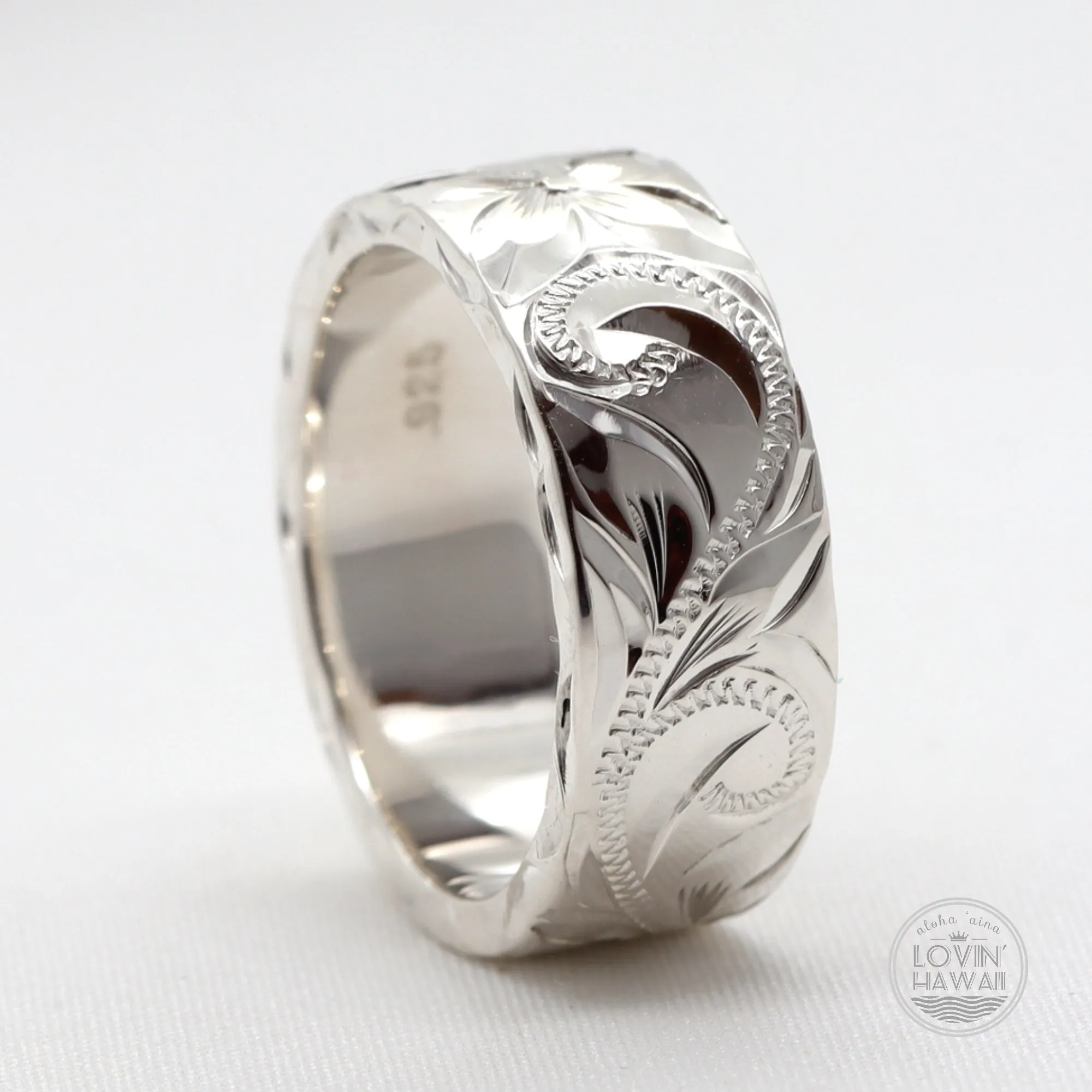Hawaiian Gold and Silver Ring Set, Hand Engraved Design ( 6mm & 8mm Width)