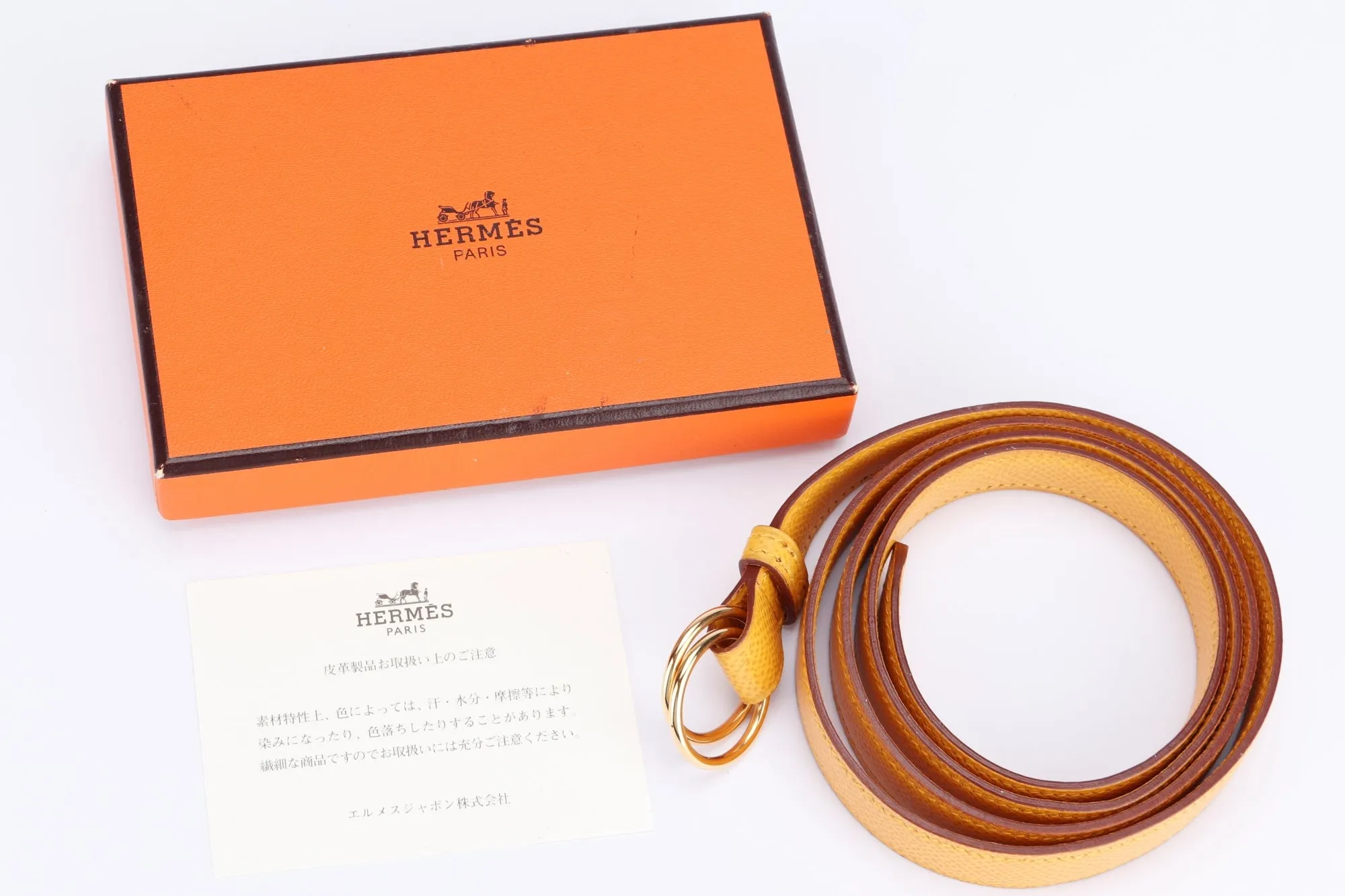 Hermes Vintage Mustard Yellow Courcheval Leather Belt (Stamp Z circle) with Gold Rings with Box