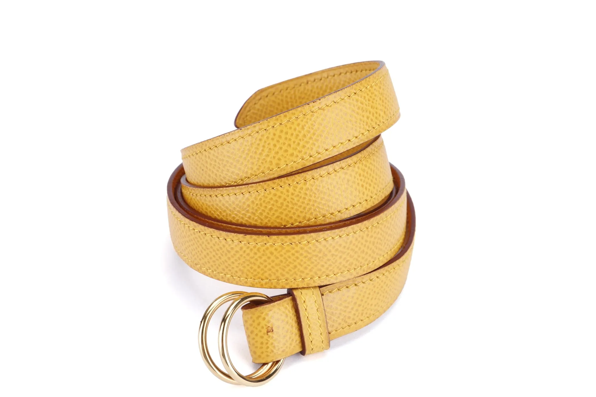 Hermes Vintage Mustard Yellow Courcheval Leather Belt (Stamp Z circle) with Gold Rings with Box