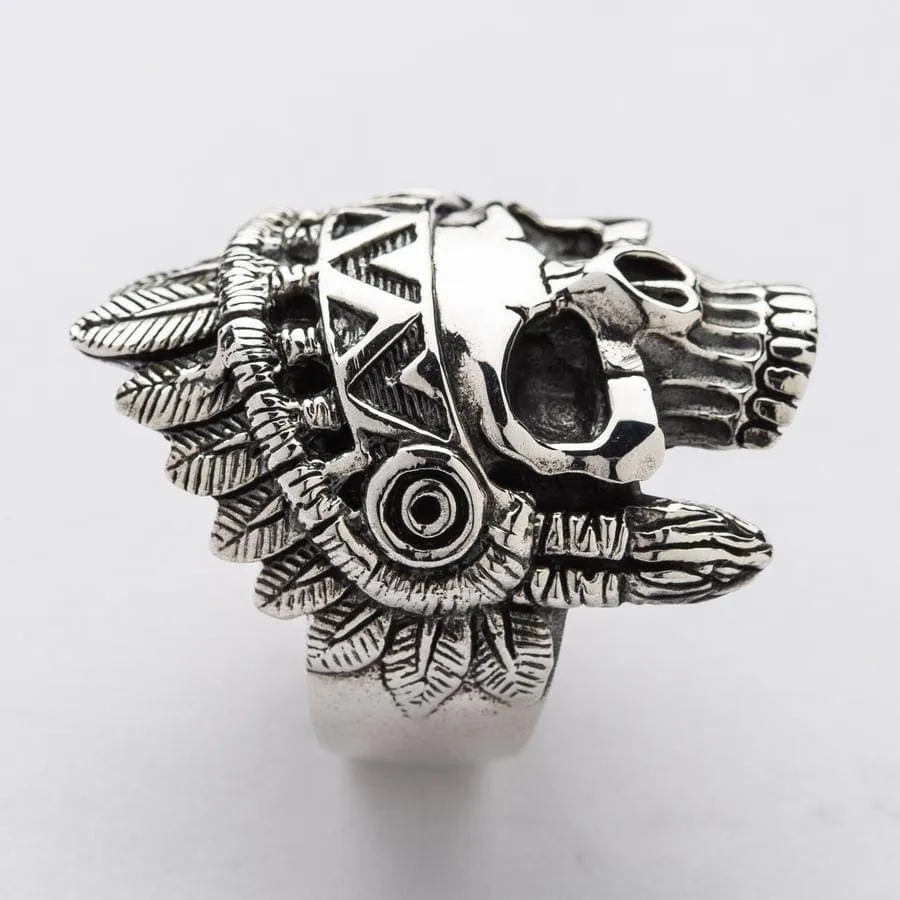 Indian Chief Skull Sterling Silver Biker Ring