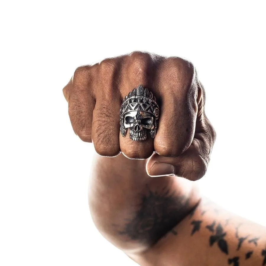 Indian Chief Skull Sterling Silver Biker Ring