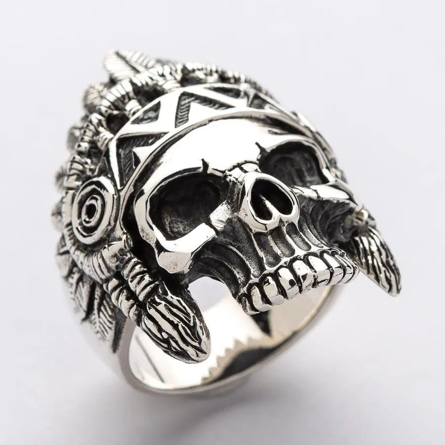 Indian Chief Skull Sterling Silver Biker Ring