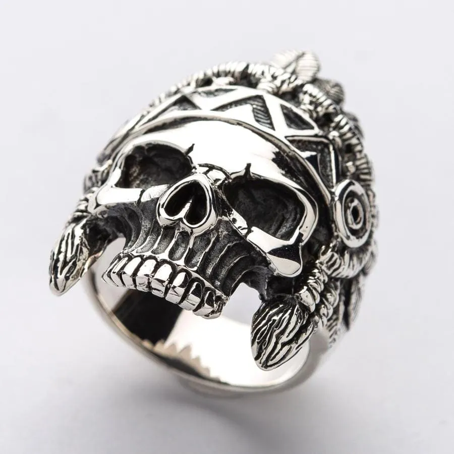 Indian Chief Skull Sterling Silver Biker Ring