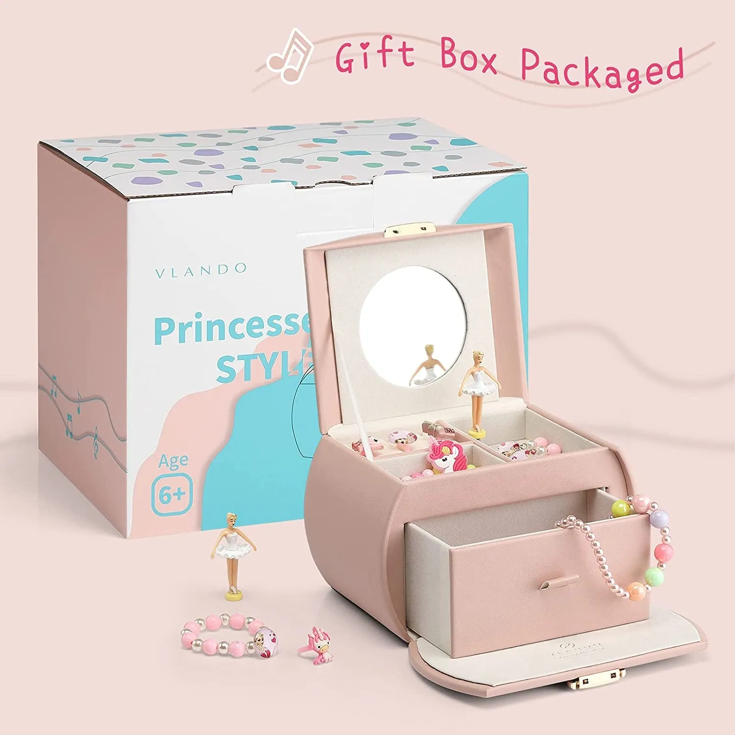 Kids Musical Jewelry Box with Ballerina and Stickers for Girls Kids - Pink