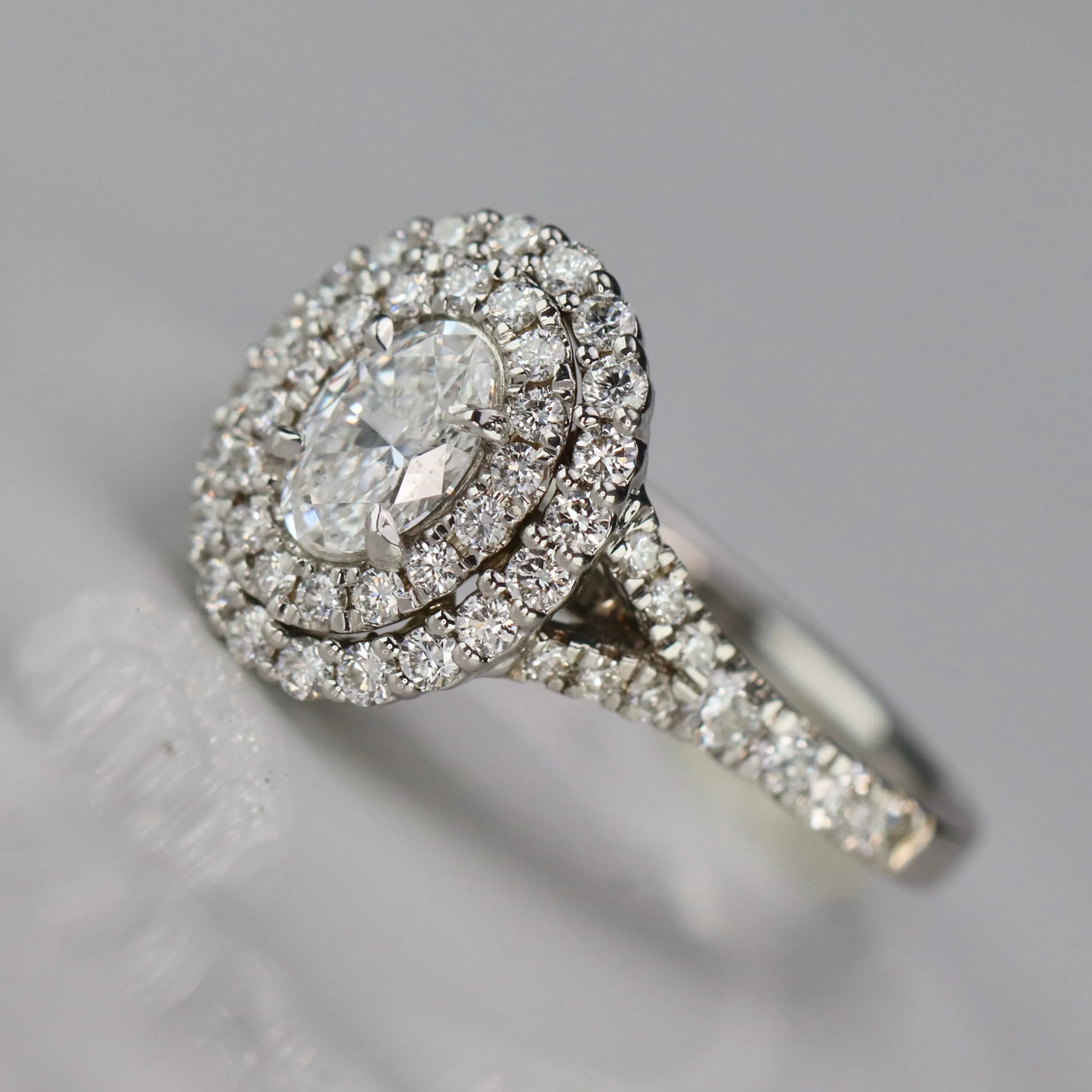 Lab Grown oval diamond double halo ring in 14k white gold