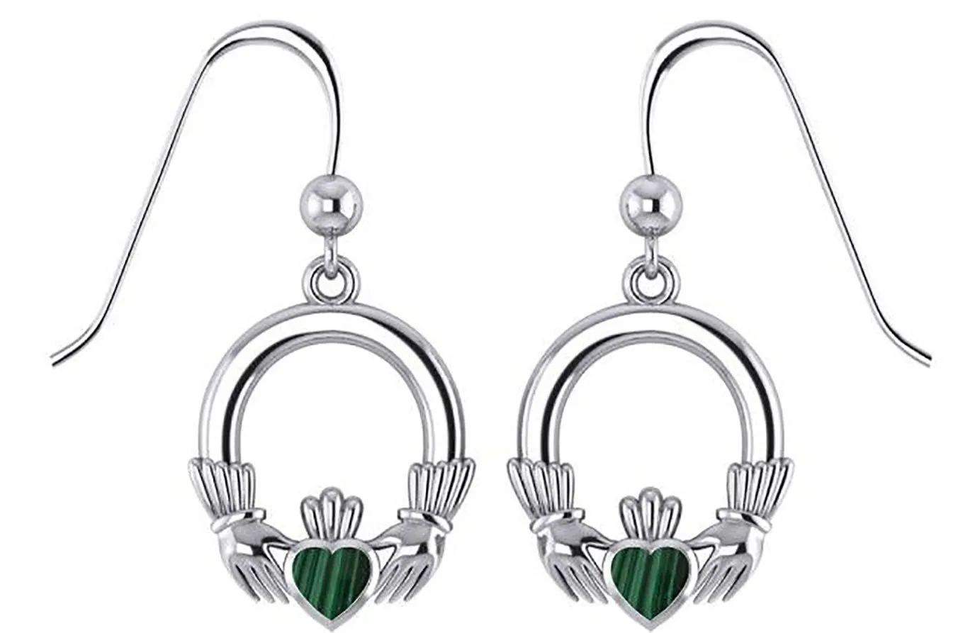 Ladies 925 Sterling Silver Irish Claddagh Malachite Inlay Dangle Earrings