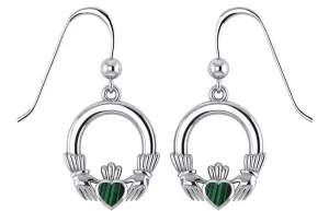 Ladies 925 Sterling Silver Irish Claddagh Malachite Inlay Dangle Earrings