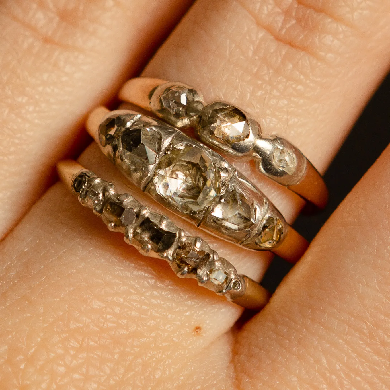 Late Georgian Trilogy Ring - Rose Cut Diamonds in 14k Gold   Sterling Silver c.1822