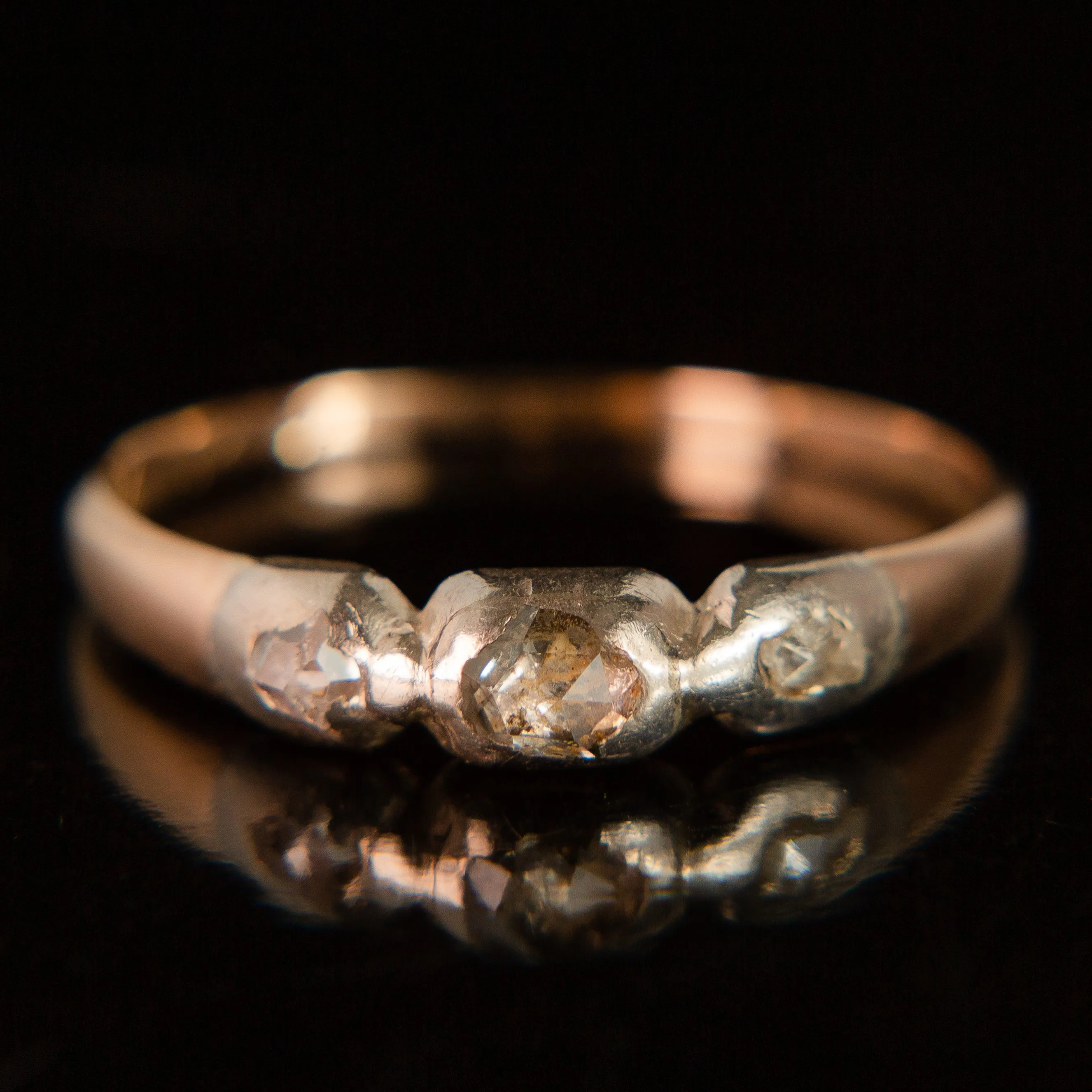 Late Georgian Trilogy Ring - Rose Cut Diamonds in 14k Gold   Sterling Silver c.1822