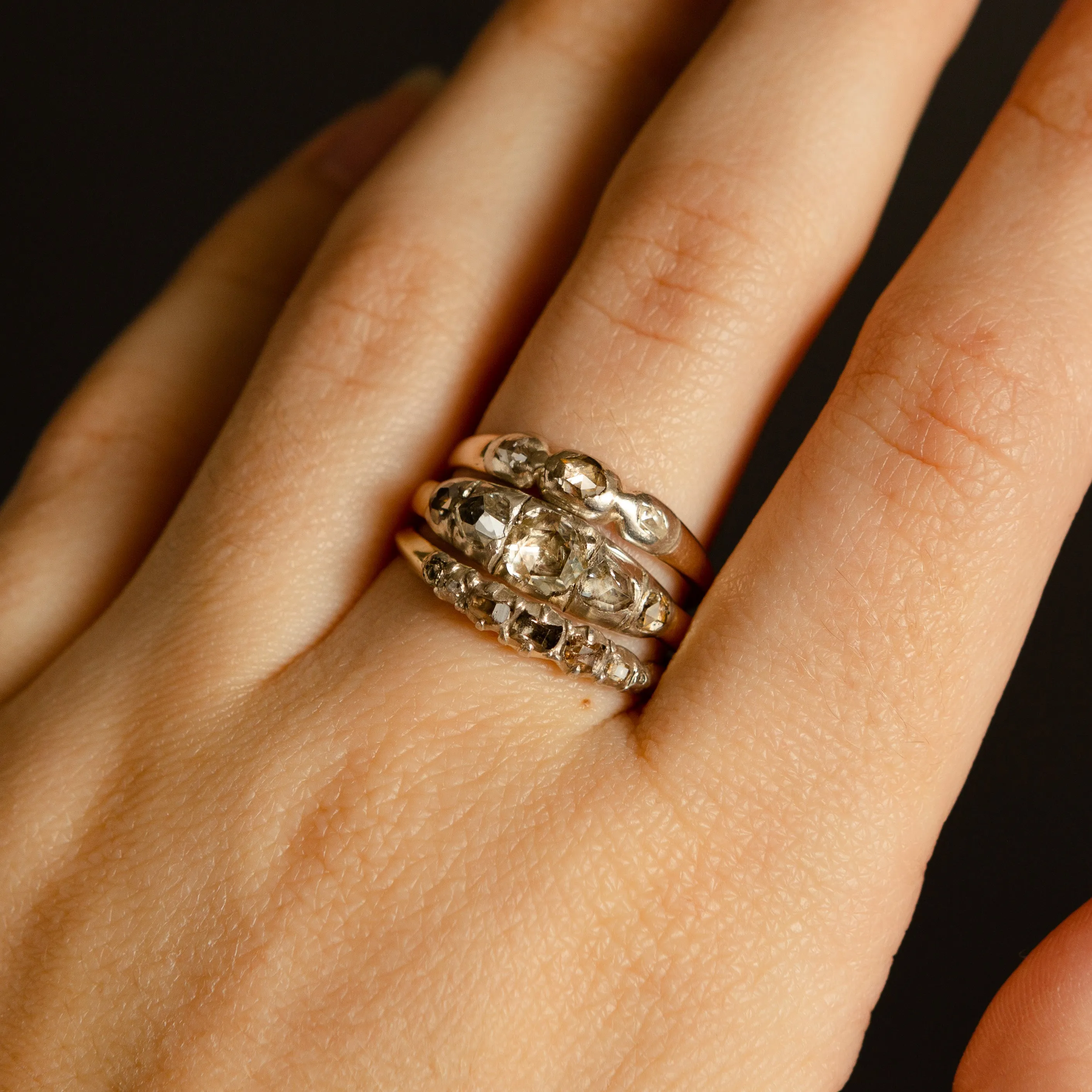 Late Georgian Trilogy Ring - Rose Cut Diamonds in 14k Gold   Sterling Silver c.1822