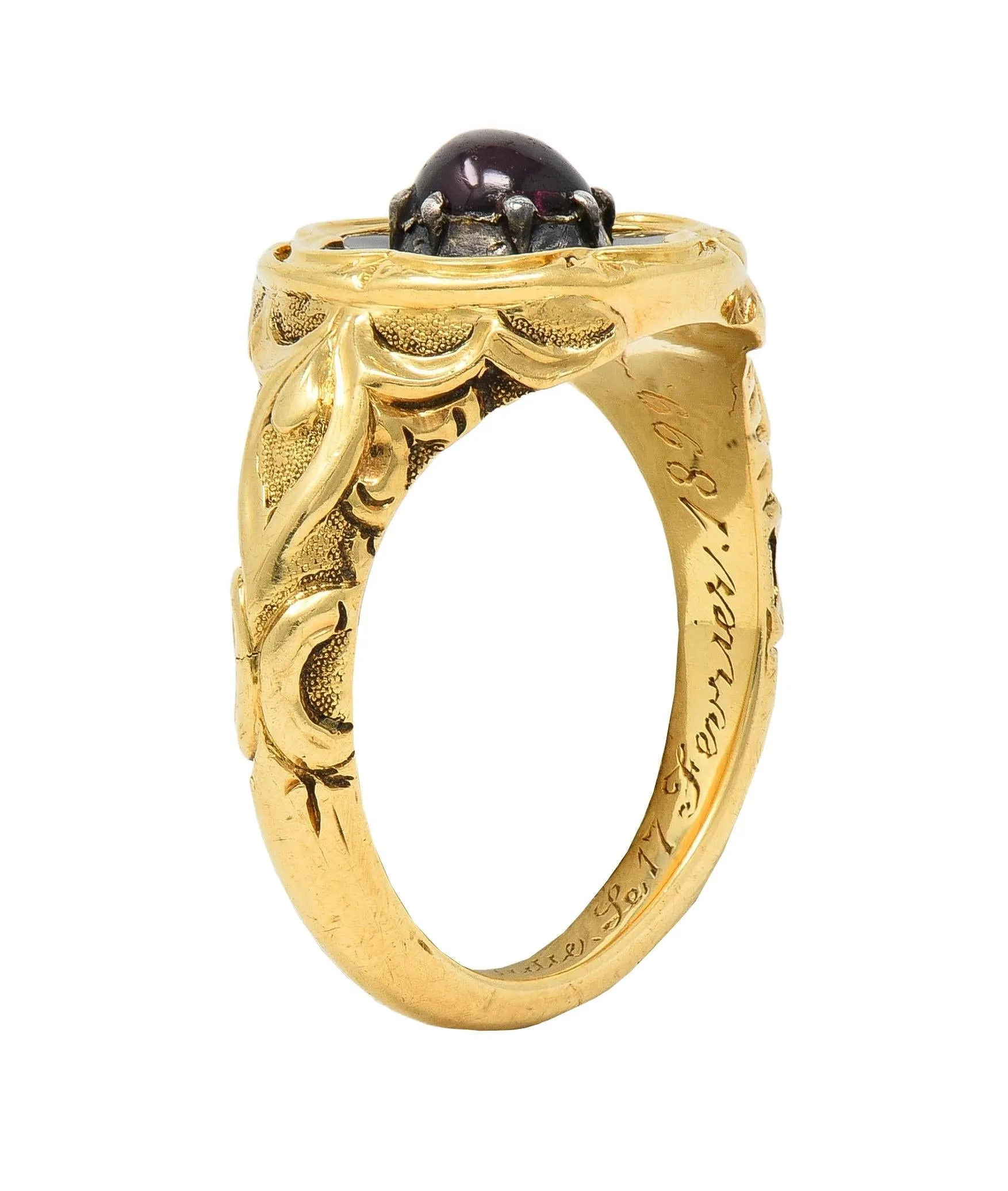 Late Victorian Ruby Enamel 14 Karat Yellow Gold Silver Antique Flower Mourning Ring
