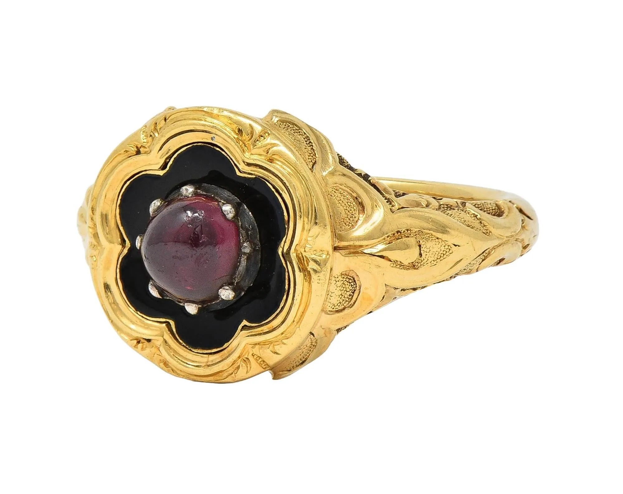 Late Victorian Ruby Enamel 14 Karat Yellow Gold Silver Antique Flower Mourning Ring