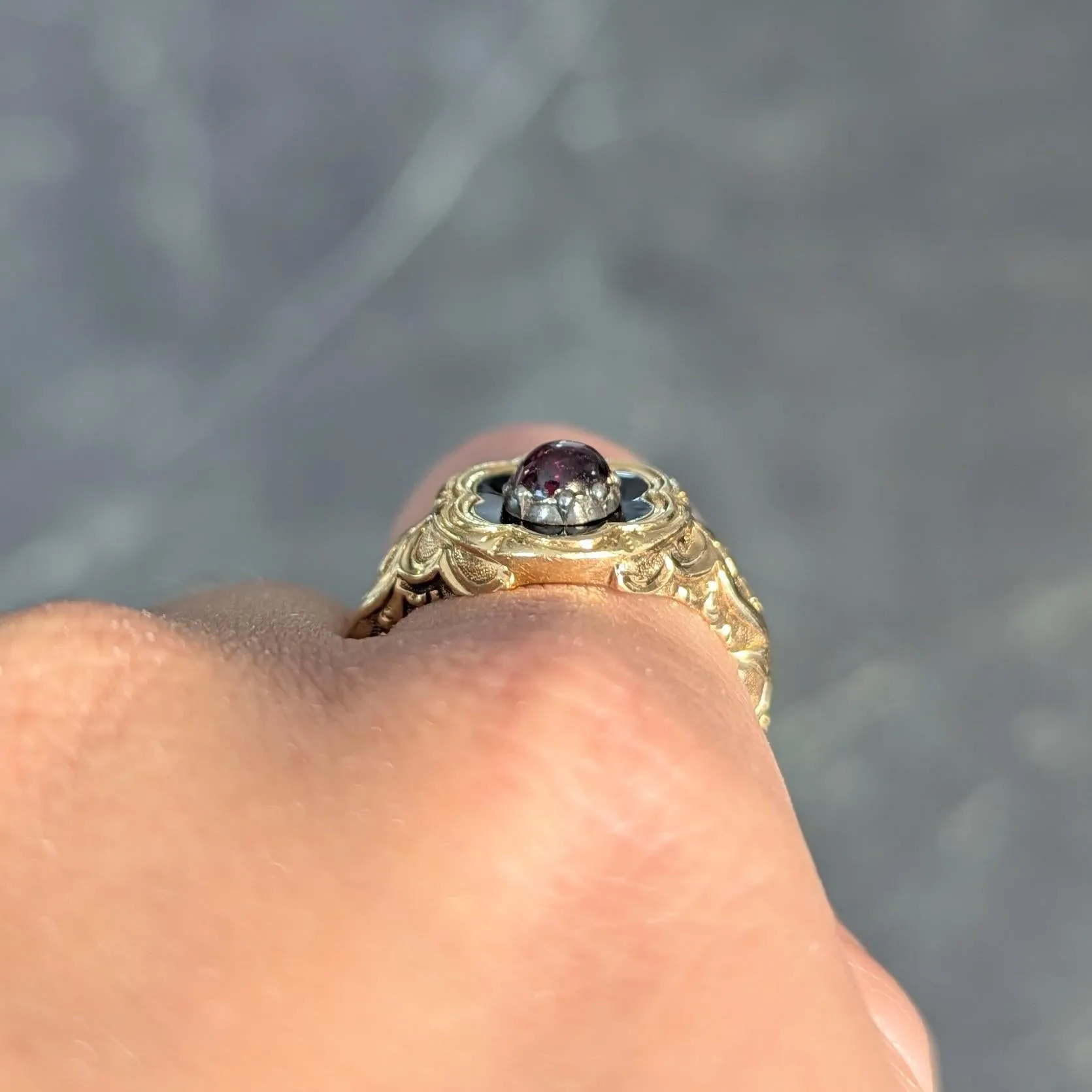 Late Victorian Ruby Enamel 14 Karat Yellow Gold Silver Antique Flower Mourning Ring