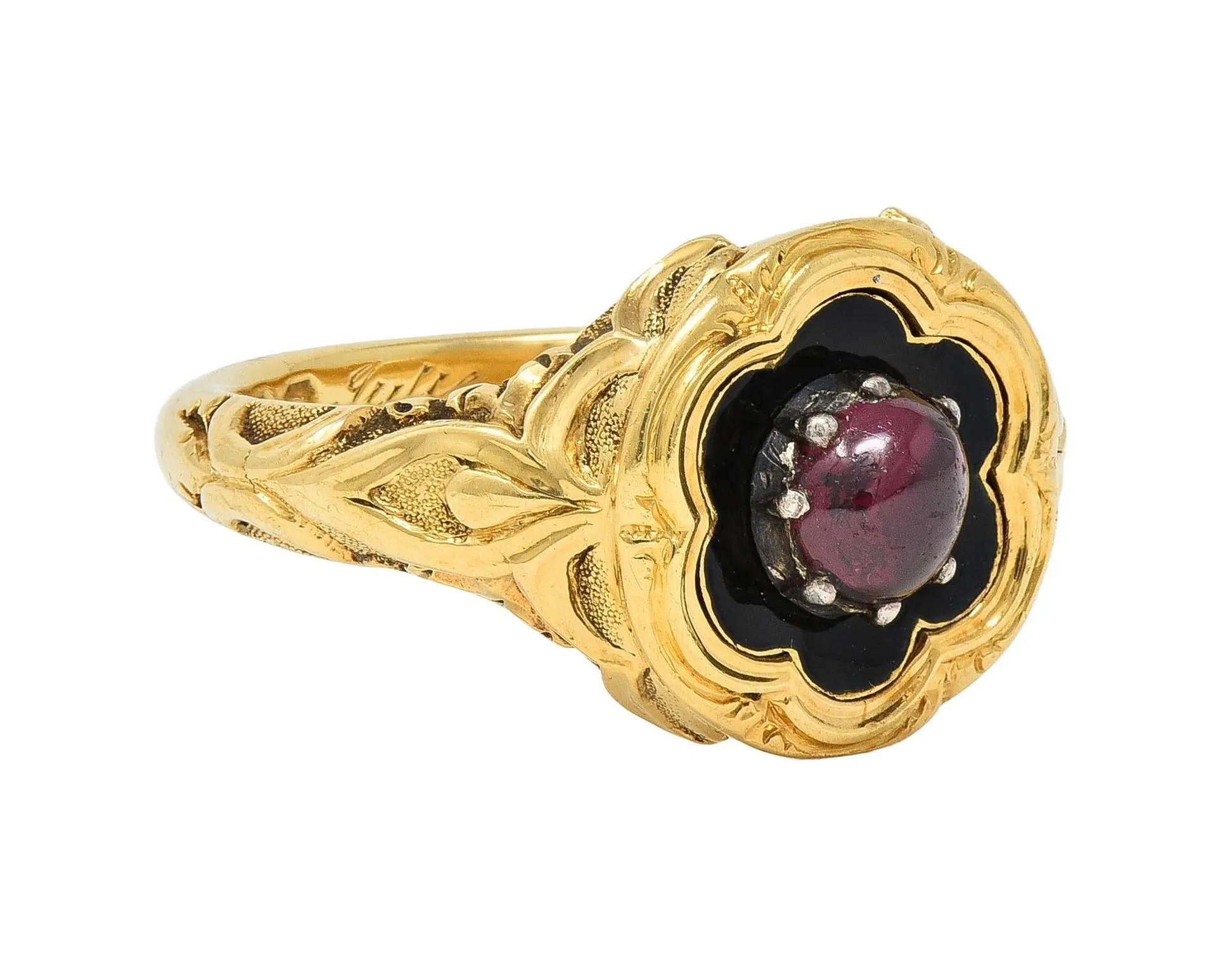 Late Victorian Ruby Enamel 14 Karat Yellow Gold Silver Antique Flower Mourning Ring