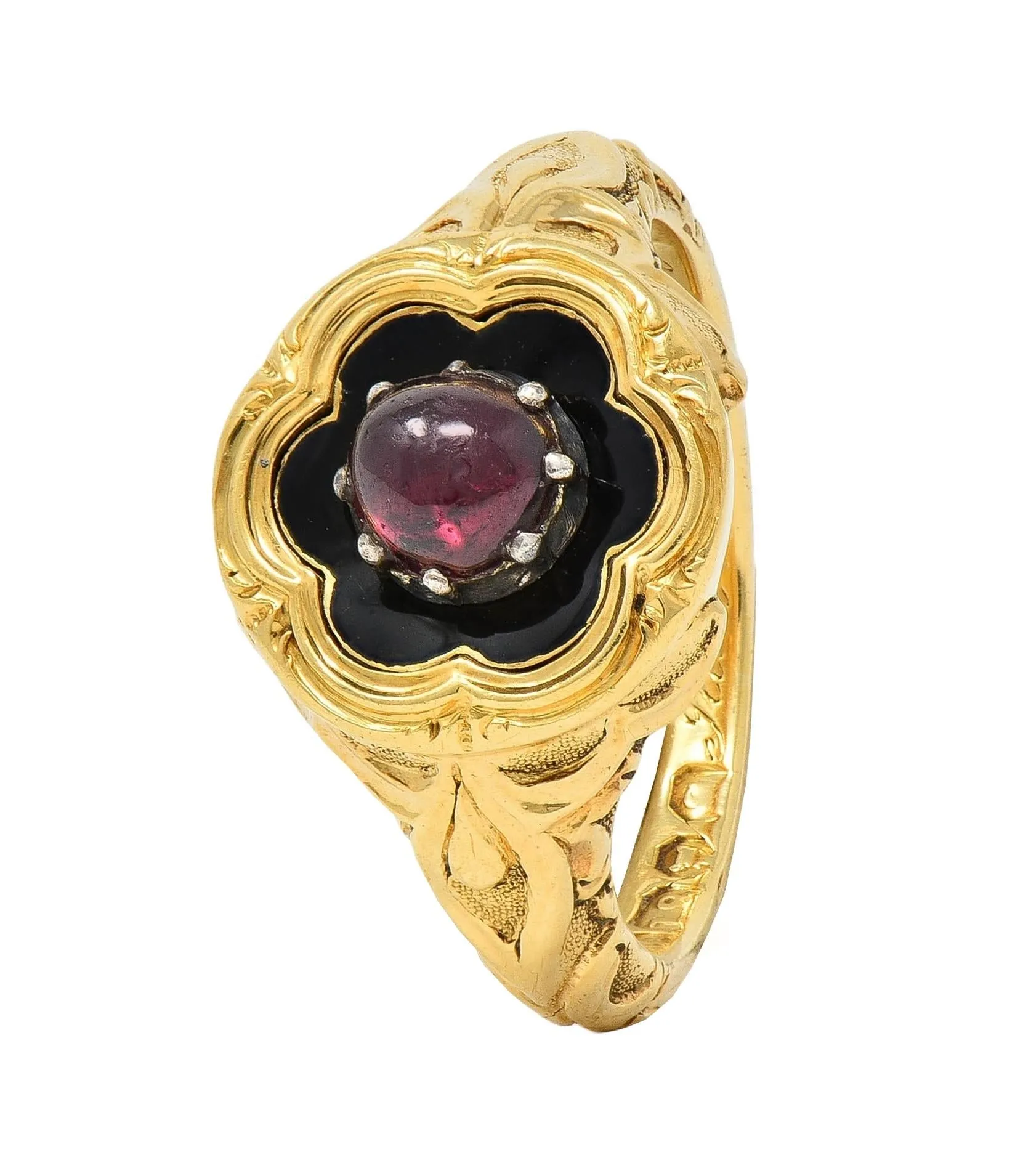Late Victorian Ruby Enamel 14 Karat Yellow Gold Silver Antique Flower Mourning Ring